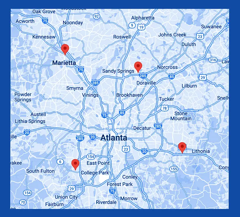 Map of Preferred Vascular Group locations across the Atlanta, Georgia metro area