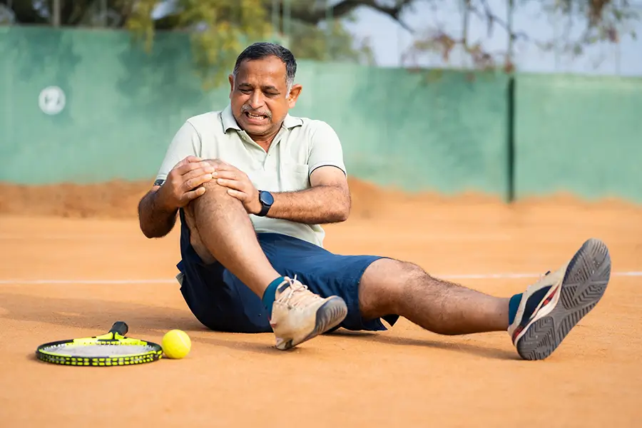 Man playing tennis after successful GAE knee pain treatment